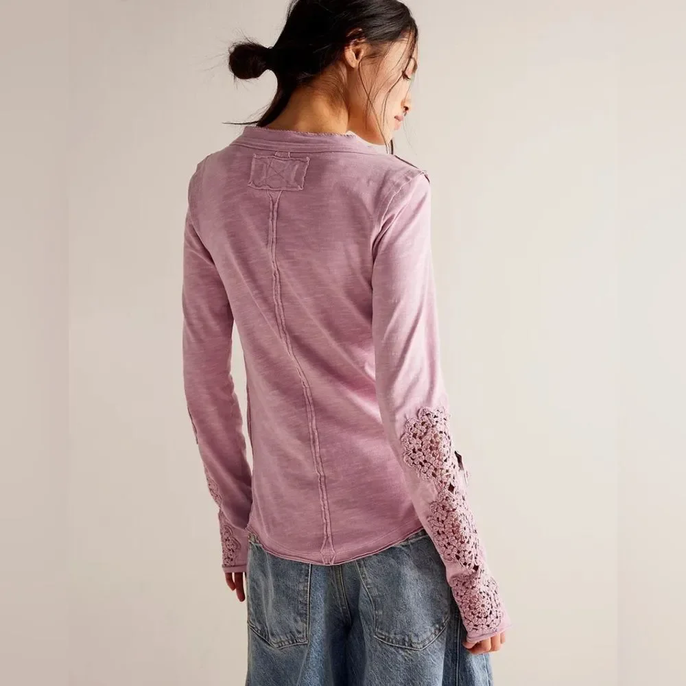 NEW FREE PEOPLE Our Song Henley Cuff Top in Candid Lilac Crocheted Sleeve XS